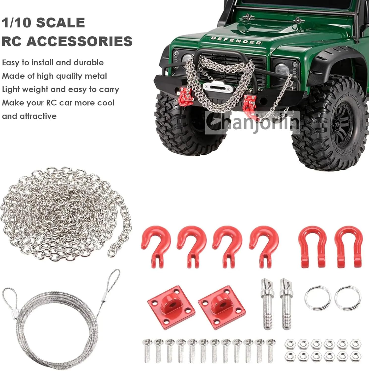 1/10 RC Car Mini Metal Trailer Chain and Tow Hooks Buckle & RC Body Clips Bent Springy R Pins Accessories for 1:10 Rock Crawler Truck Car Traxxas TRX4 SCX10 Axial RC4WD Tamiya D90 (Red)
