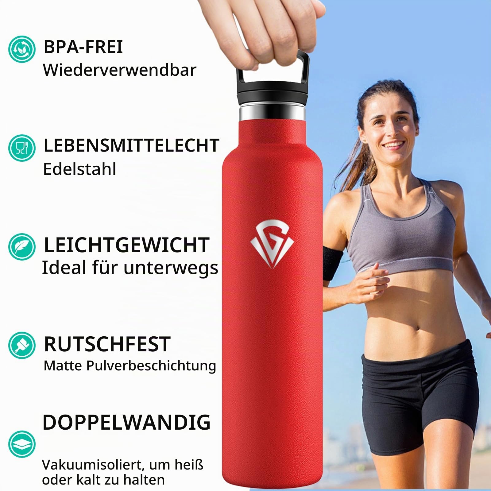 HoneyHolly Trinkflasche 1L, BPA-Frei, Wasserflasche Edelstahl, Auslaufsichere Isolierflasche Doppelwandig, Trinkflasche Mit Strohhalm, Isolierflasche für Büro, Fitnessstudio, Camping - Rot
