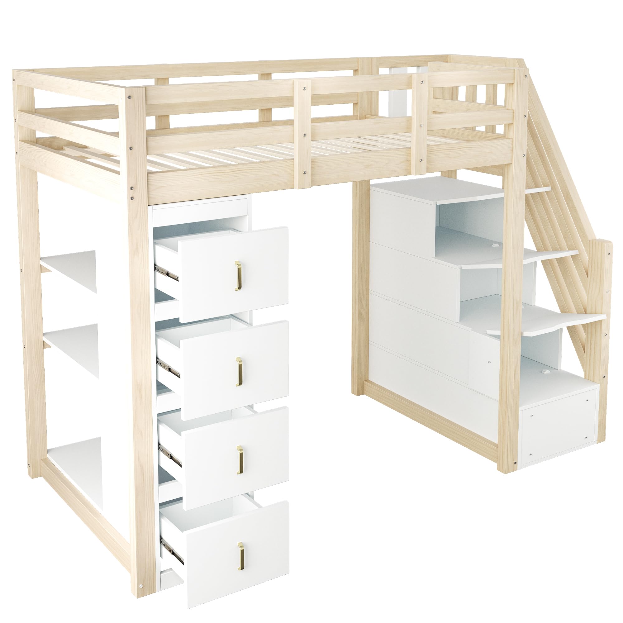Cama alta 90 x 200 cm con cajones de almacenamiento, estantería de varios niveles, escalera segura, cama multifuncional de madera maciza, color madera natural