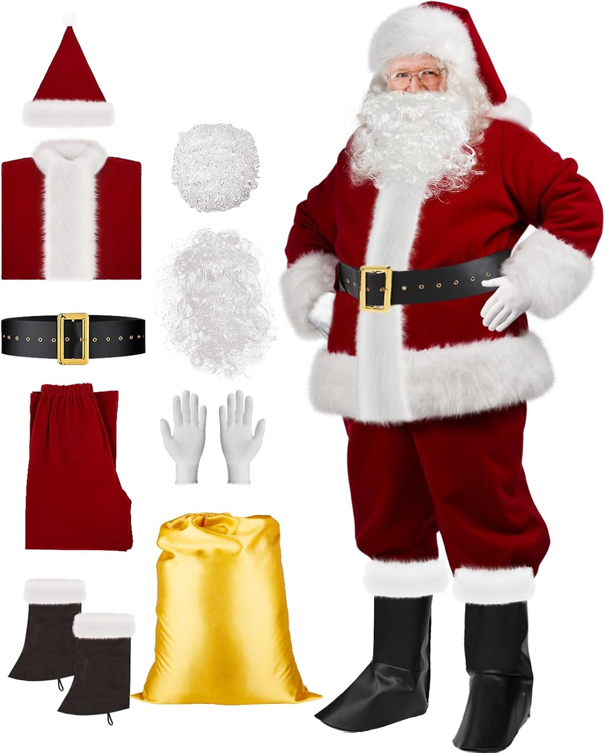 Santa Claus Costume for Men, Santa Suit Deluxe Professional 9PCS Santa Costume Adult for Christmas Holiday Party