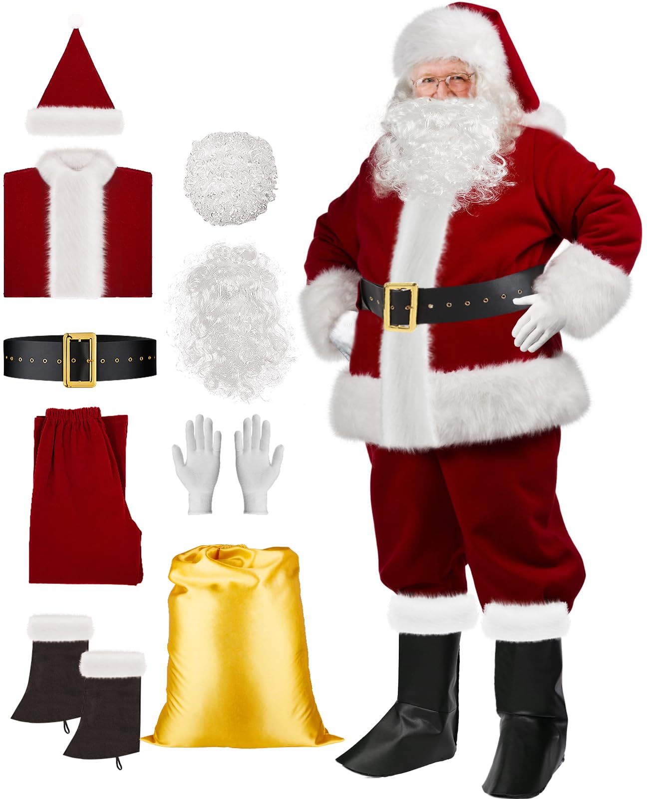 PSISABALL Santa Claus Costume for Men, Santa Suit Deluxe Professional 9PCS Santa Costume Adult for Christmas Holiday Party
