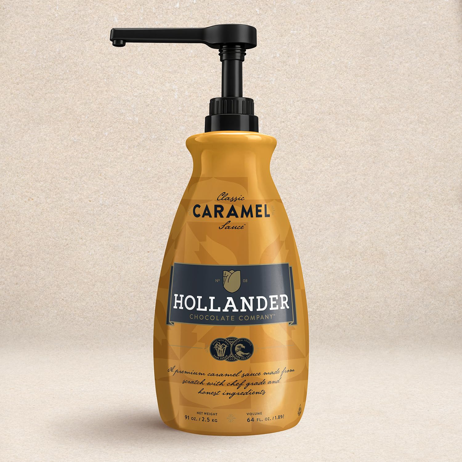 Classic Caramel Café Sauce by Hollander Chocolate Co. | For Caramel Lattes & Deserts | Perfect for the Professional or Home Barista - Net Wt. 91oz (64 fl Oz) Large Bottle (PUMP Included) 64 Ounce (Pack of 1)