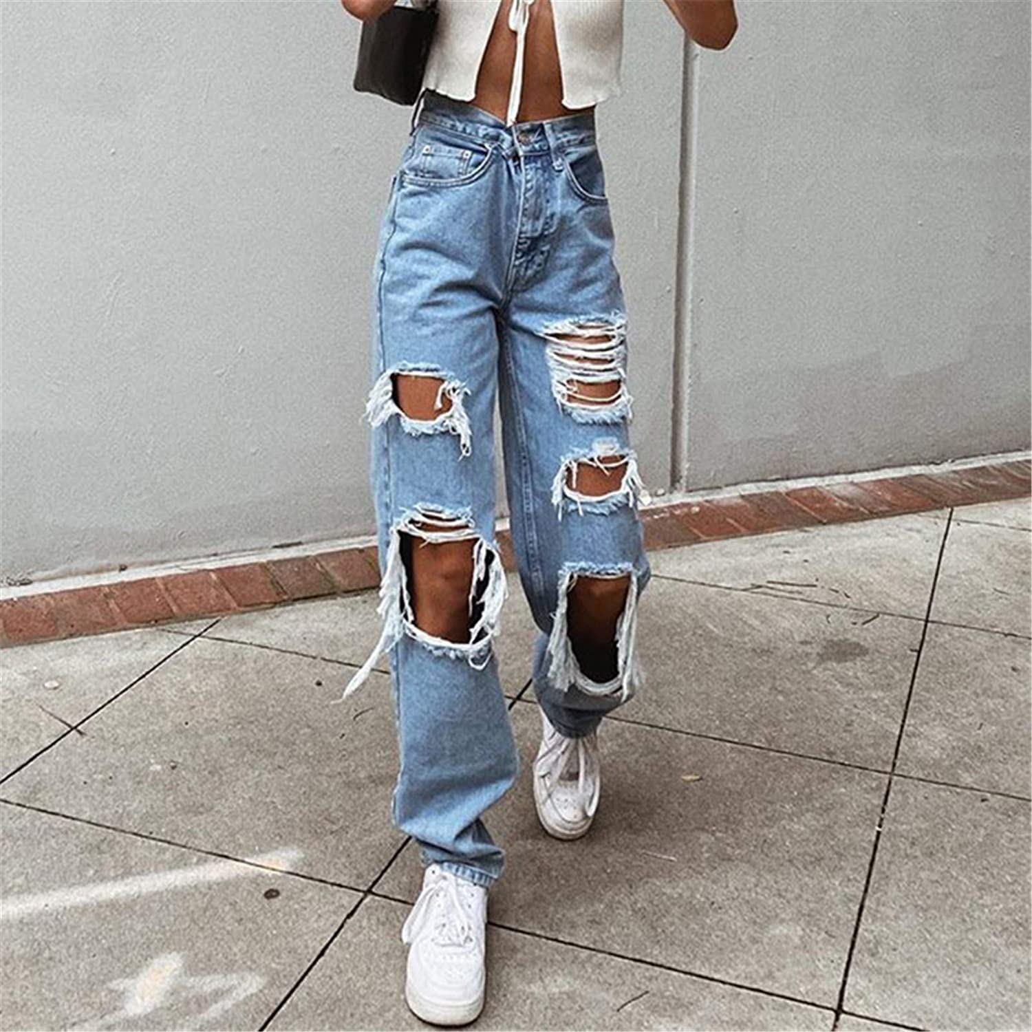 Jeanshose Damen High Waist Jeans Gerade Hose Löchern Baggy Boyfriend Jeans Teenager Mädchen Lässig Denim Hosen Weich Pants Freizeithose