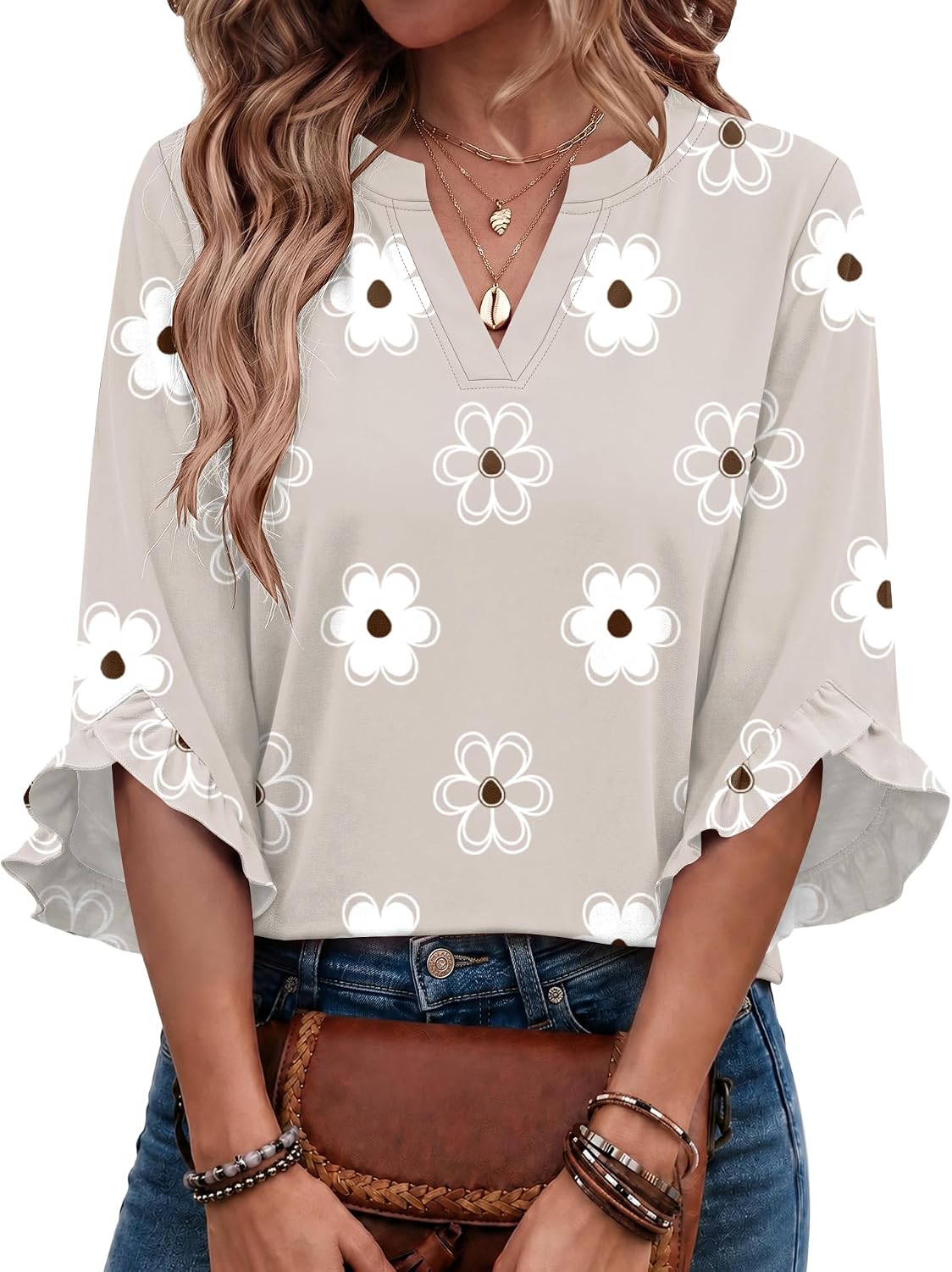 Micoson 3/4 Length Sleeve Womens Tops Dressy Casual V Neck Blouse Ruffle Sleeve Shirts 2026 Summer Fall Fashion Clothes