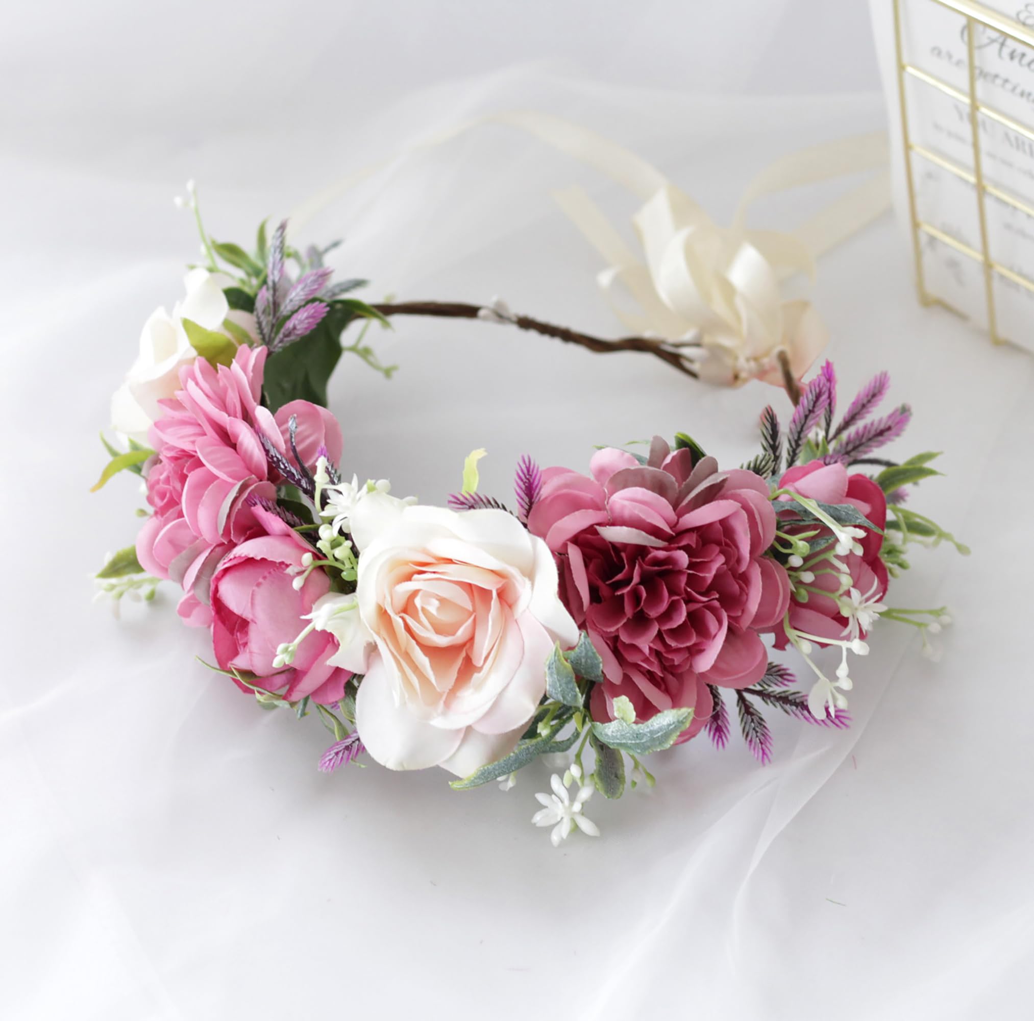 Brikuinr Floral Halo Crown Wreath Flower Wreath Headband Hair Wreath Floral Headpiece Boho with Ribbon Wedding Party Festival - Image 3