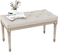 Yusong Beige Upholstered Bench - Button Tufted End of Bed, Piano, Vanity Stool with Carved Wood Legs for Bedroom, Living Room, Entryway