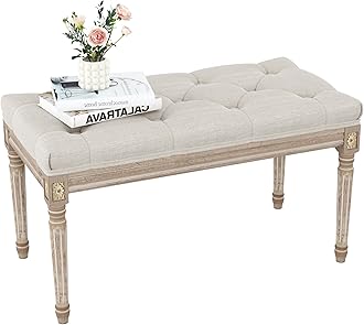 Upholstered Bench, Bedroom Bench for End of Bed, Piano Bench with Button Tufted Padded Seat for Living Room, Dining, Entryway, Shoe, Vanity Foot-Stool with Carved Wood Legs, Beige