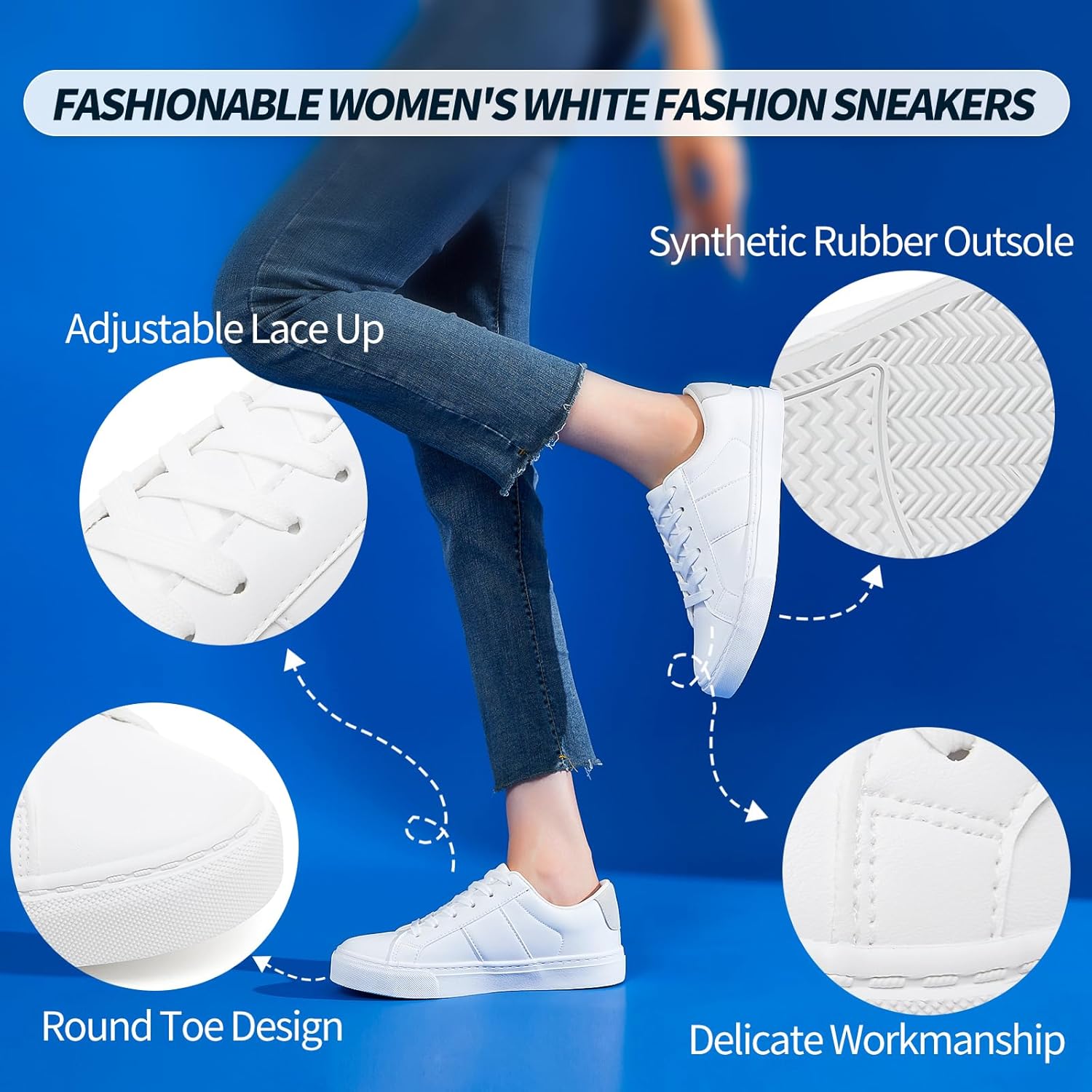 kufeiti White PU Leather Sneakers for Women Low Top Lace Up Tennis Shoes Women's Fashion Casual Shoes Sneakers - Image 4