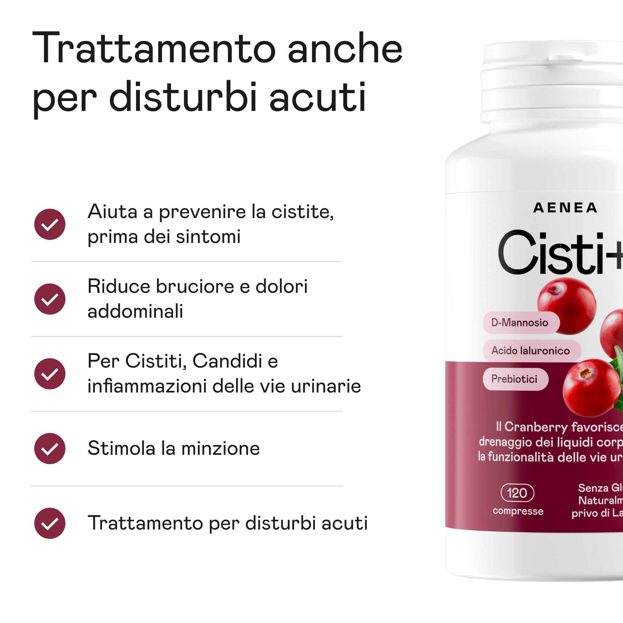 Cisti+ Integratore Cistite Donna 120cpr con D Mannosio Puro 2000mg, Mirtillo Rosso, Cranberry, Acido Ialuronico, Prebiotici per Benessere Vie Urinarie, Drenaggio Liquidi, Integratori Vie Urinarie