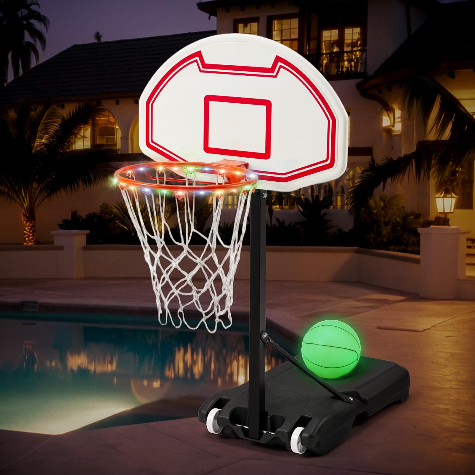 Danrelax Swimming Pool Basketball Hoop Poolside, LED Height Adjustable 3-4.6 ft, 15" Light-Up Rim, Glow-in-The-Dark Basketball with Pump, Portable