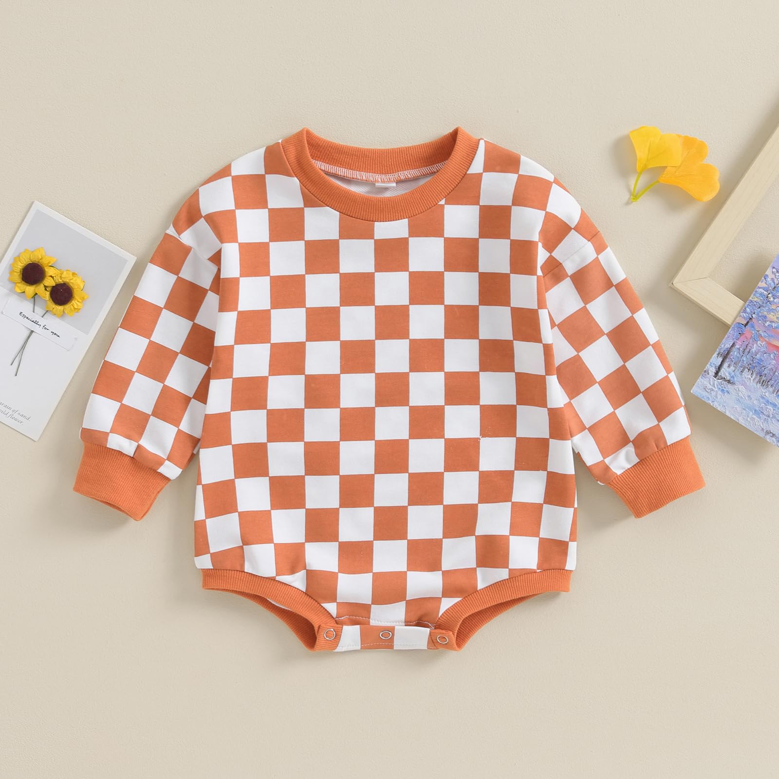 Baby Boy Girl Sweatshirt Romper Checkerboard Oversized Long Sleeve Bubble Onesie Bodysuit Newborn Checkered Outfit (Orange, 12-18 Months)