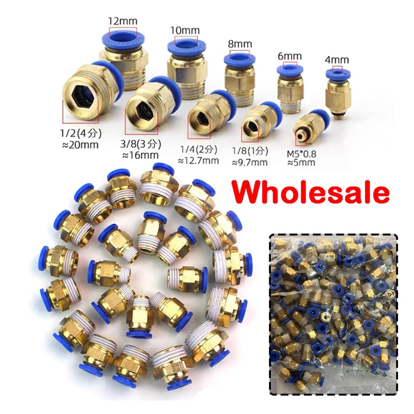 5-1000 Uds Conector De Aire Neumático PC 4mm 6mm 8mm 10mm 12mm Rosca 1/8 "1/4" 3/8 "1/2 Accesorios Manguera Rápido Tubería(PC4-M5,500 PCS)