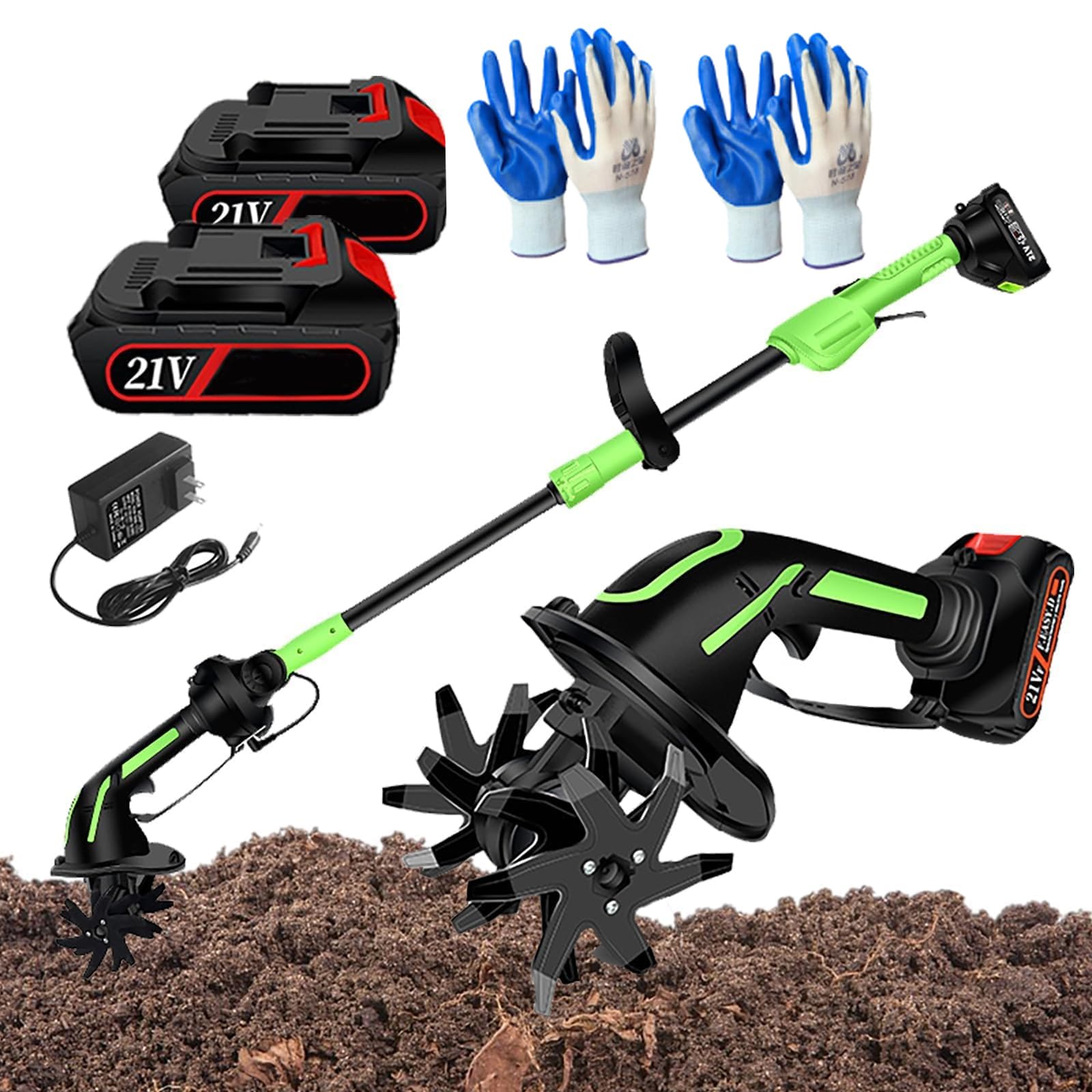 Motoculteur sans fil 21V avec 2 batteries et 4 lames pour jardin