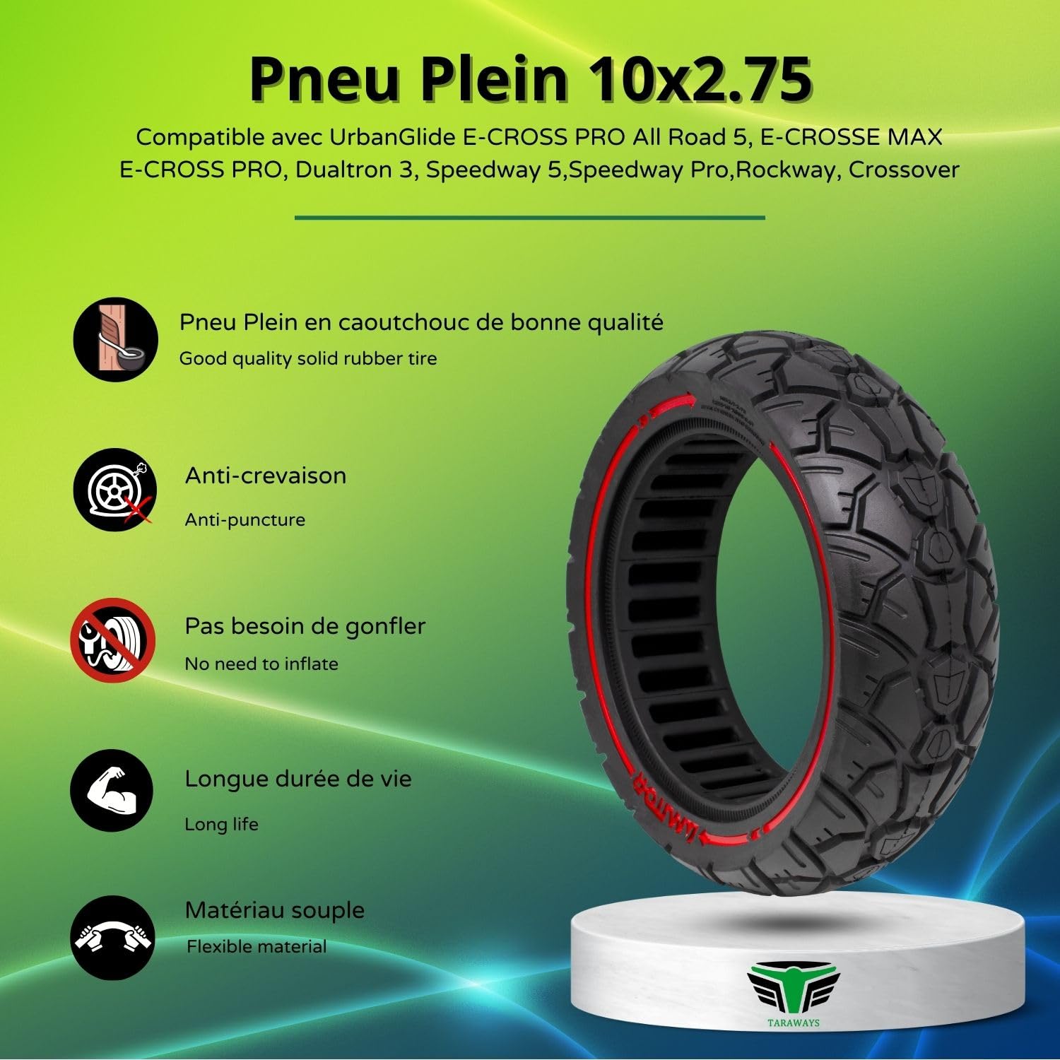 Pneumatico completo anti-perforazione 10 x 2.75 (10 x 2.7-6.5) pollici per monopattino UrbanGlide All Road 5, E-CROSSE MAX 2 x 2, Speedway 5 - Rockway - Crossover - Dualtron 3 (1 x