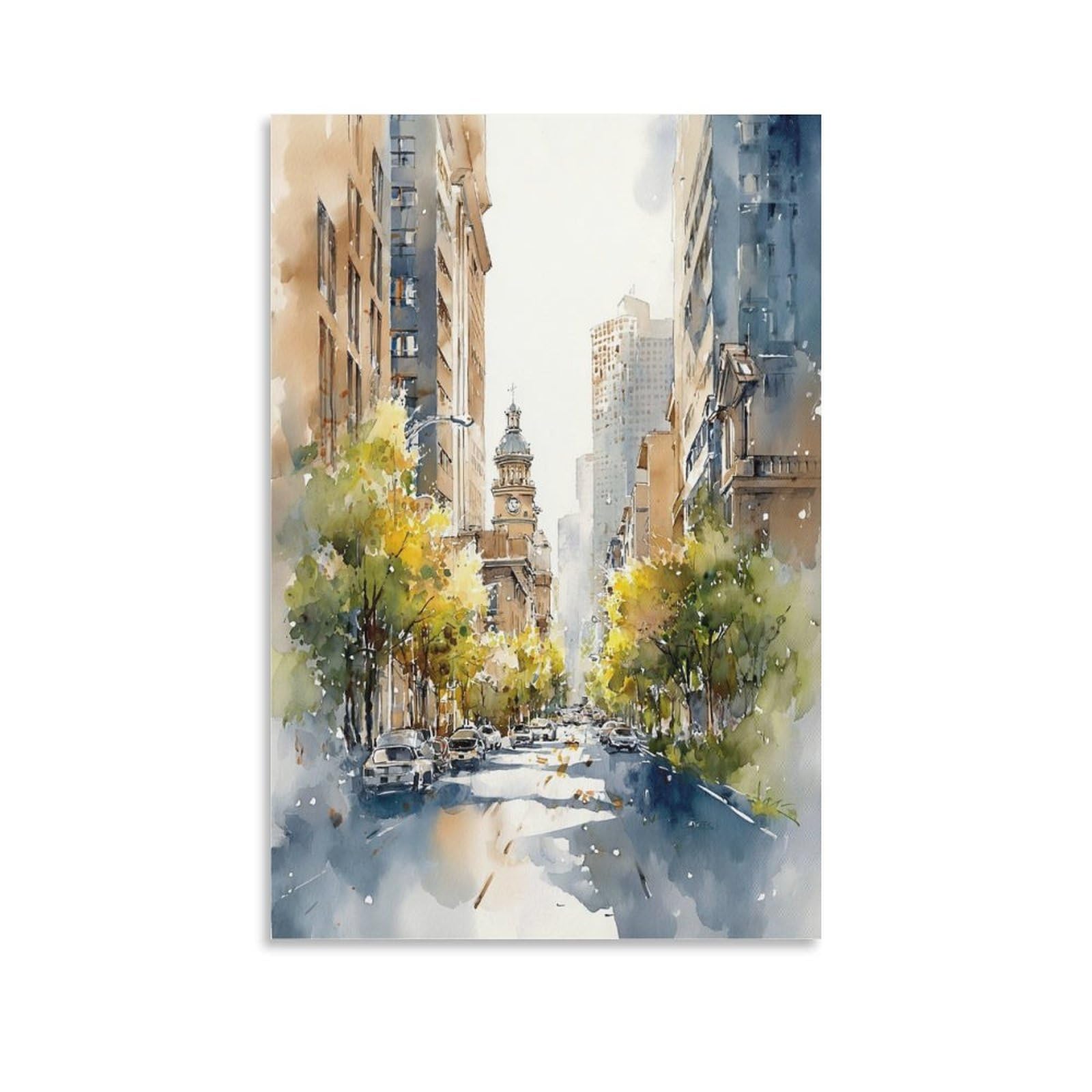 Cnaheiz Unframe-Style Texas Cityscape Watercolor Painting_ Traditional Style Wall 24X36inch(60X90cm) Vintage Watercolor Canvas Art