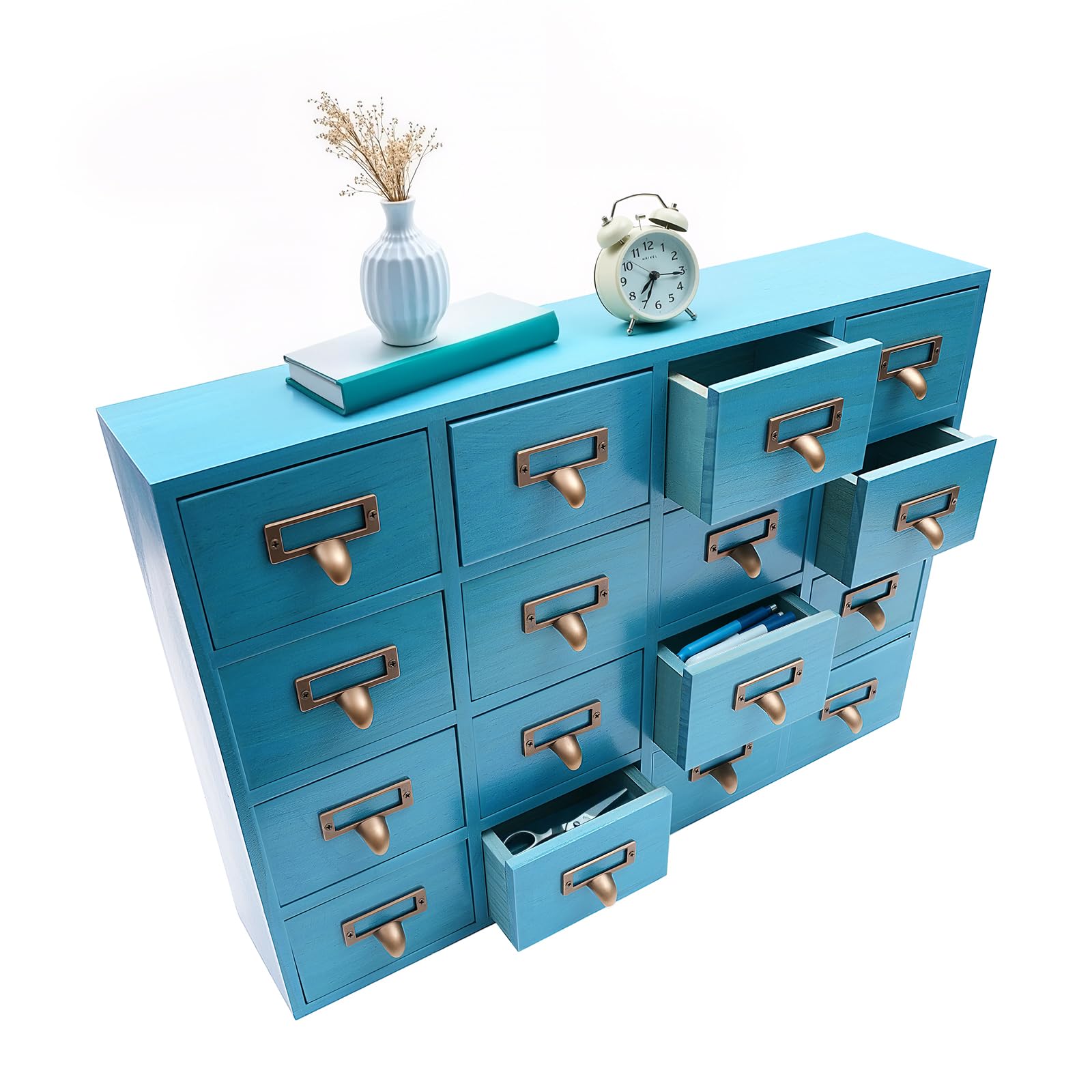 Vintage Apothekerschrank mit 16 Schubladen, Blauer Holz Schubladenschrank, Mini Kommode für Schreibtisch Organizer & Aufbewahrung von Schmuck, Medikamenten & Kleinigkeiten