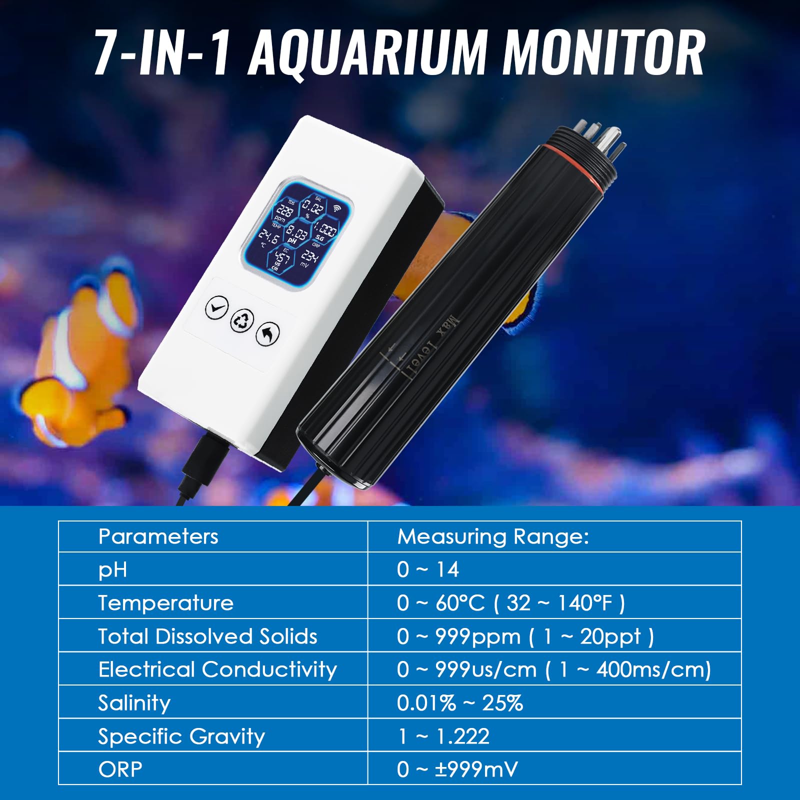 TEKCOPLUS Monitore di qualità dell'acqua 7 in 1 senza fili WiFi – pH/ORP/TDS/EC/Salinità/SG/Temp, App Tuya, avvisi in tempo reale, display a colori ATC per acquario, acqua dolce e acqua salata
