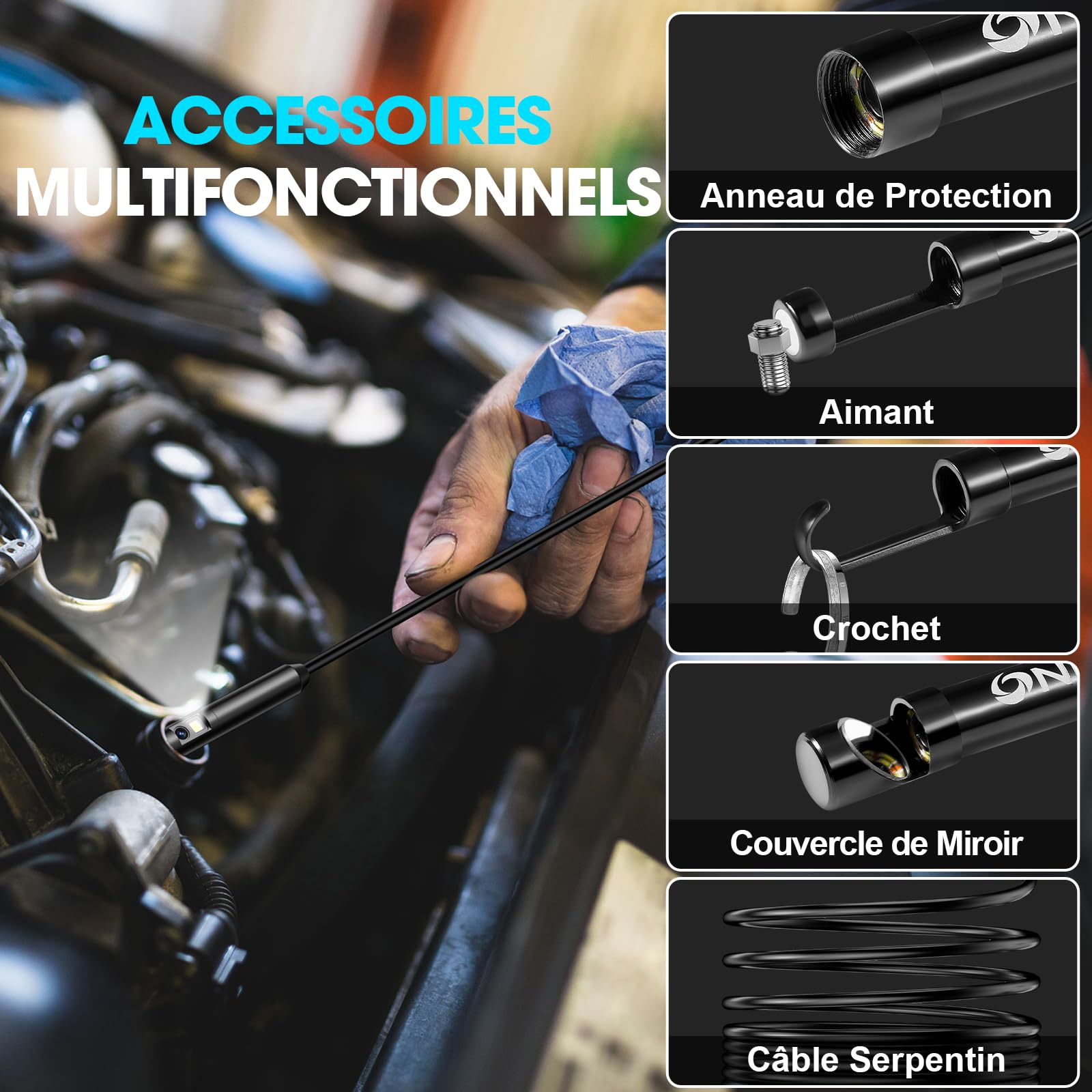 Caméra d'inspection Endoscopique 1920 HD Serpent, Borescope à Double Lentille avec 8+1 Lampes LED RéGlables Endoscope Type-C pour Smartphones Android et iOS(16.4Ft/5M)