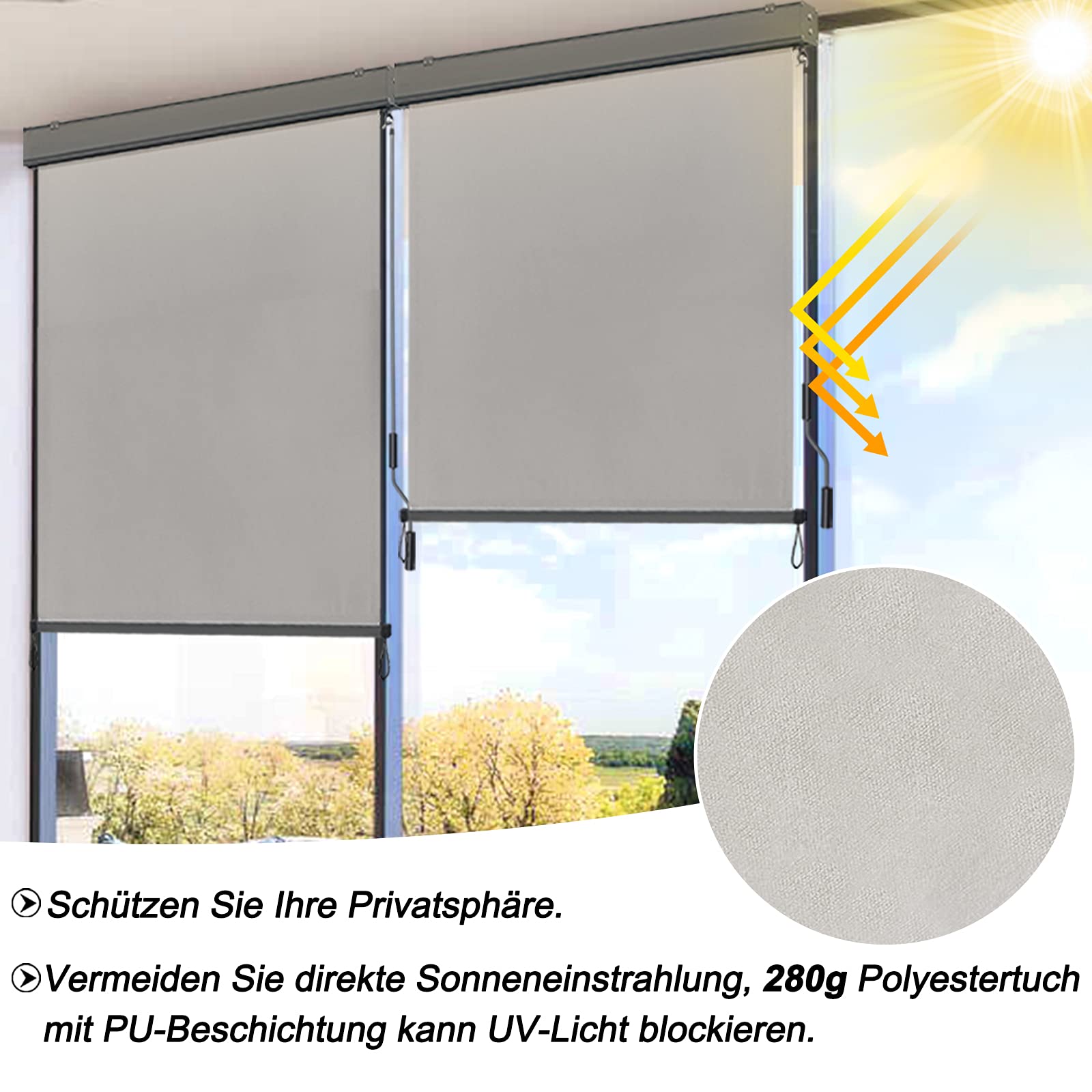 HENGMEI Markiza pionowa, roleta zewnętrzna, na balkon, 160 x 250 cm, aluminiowa, pionowa markiza balkonowa, roleta boczna, mechanizm korbowy, ochrona przed słońcem i spojrzeniami, na balkon, taras, szara