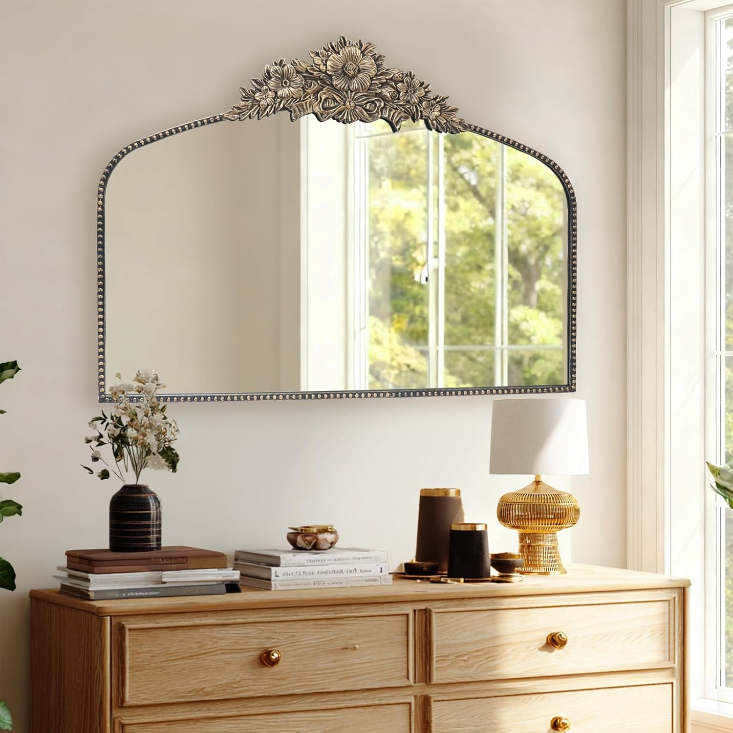 Arch Antique Black Mirror,40x30inch Baroque Style Vintage Mirror, Metal Frame Wall Mirror, Traditional Art Home Decor for Living Room, Bedroom, Entryway