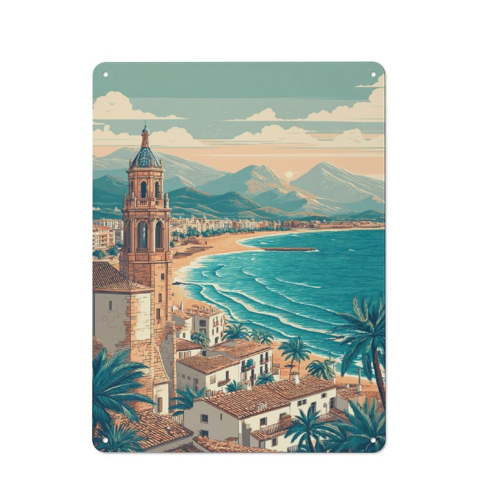 Junmoney Beachside Town With Tower Retro Tin Sign 40X30cm For Guest Room Or Hallway, For Kitchen, Dining Room And Home Bar Wall Decor