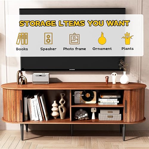 Miniatura 17 de Soporte de TV de 70 pulgadas con toma de corriente para sala de estar, consola multimedia con estación de carga, consola de TV con puerta corrediza