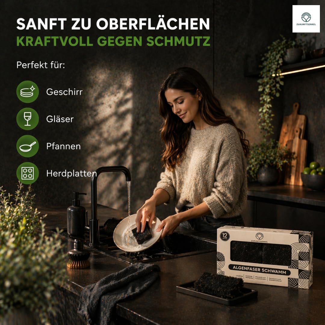 Schwarze Spülschwämme Nachhaltig 12er Pack Schwämme– Biologisch Abbaubare Küchenschwämme aus Algenfaser – Plastikfrei, Kratzfrei & Umweltfreundlich – Naturschwamm für Moderne Küchen (12, Schwarz)