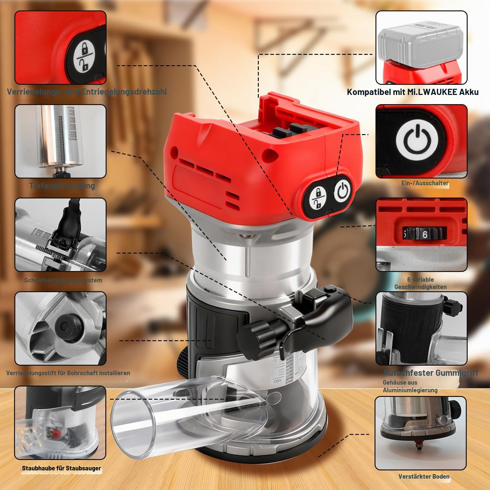 Bürstenloser kabelloser Power-Router kompatibel mit Milwaukee M18 18 V Akku, Kantenschneider Trimmer mit 6 Geschwindigkeiten, 800 W, 30000 U/min, Palm Router mit Trimmfräser-Bits, Kanten- und