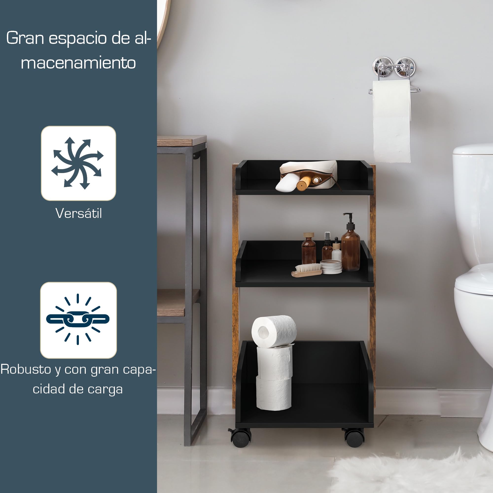 bomoe Carro de Cocina con 4 Ruedas bloqueables y 3 estantes Bosse - Madera FSC® Carro para Servir Carro para Manualidades Mesa Mueble Auxiliar Cocina 32x35x69cm Negro y Marrón