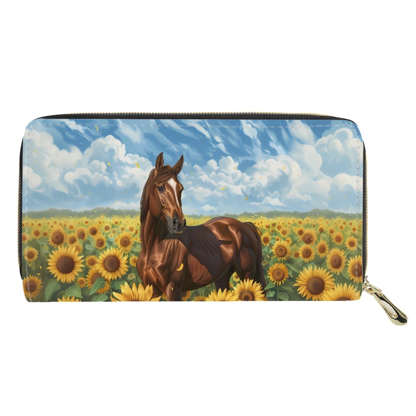 JOAIFO Sunflower Horse Blue Sky Print Wallet Womens PU Leather Passport Holder Portable Clutch Travel Coin Purse Card Phone Holder with Zipper