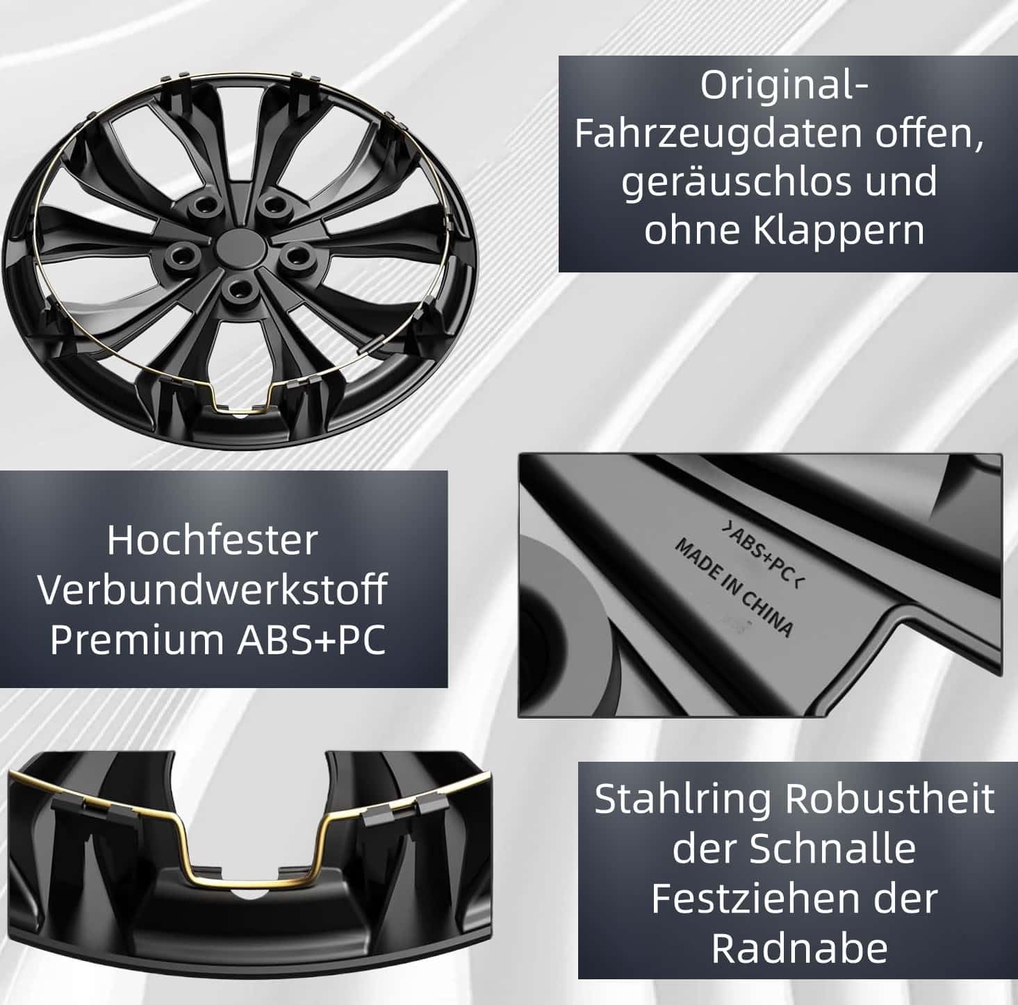 Tulamotori - Set di 4 copricerchi universali, compatibili con cerchi in acciaio, design Snap-On, materiale PP resistente, con anello di sicurezza in acciaio regolabile (argento, 14 pollici)