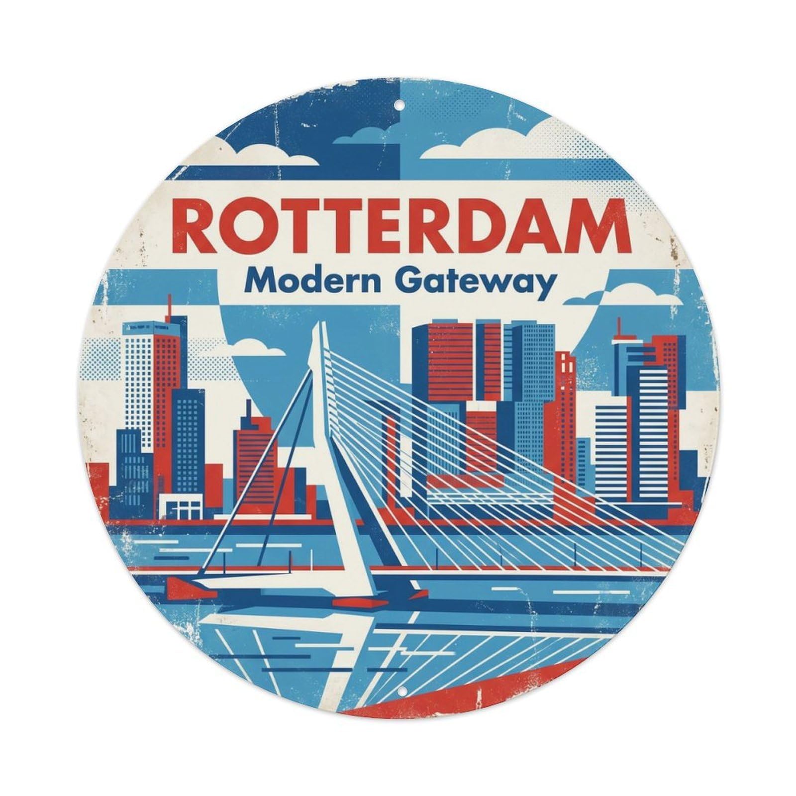 Vintage Travel Rotterdam Netherlands Modern Metal Tin Sign Plaque Wall Decor for Cafe, Club, Garden Round Metal Poster 8x8Inch