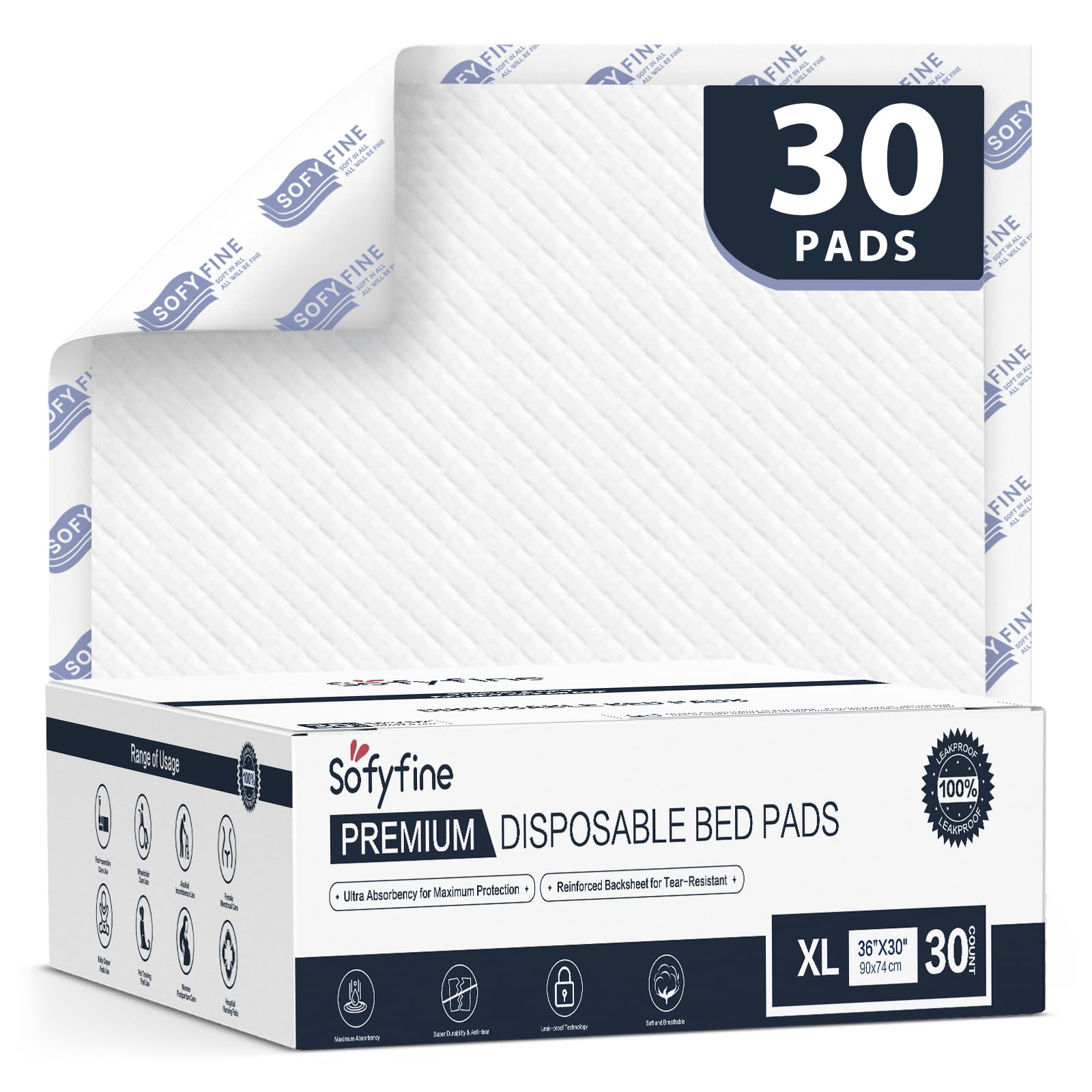 Tear Resistant Disposable Bed Pads Adults Chucks Incontinence Underpads 30"x 36"(30 Count),Large Thicken Premium Waterproof Pee Pads for Elderly,10X
