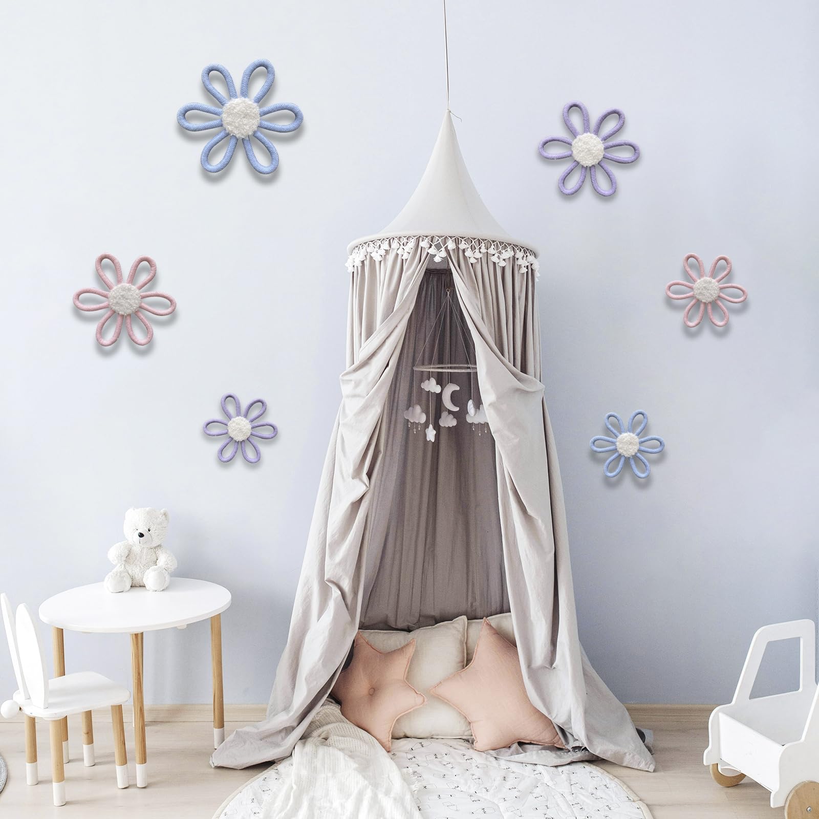 ShikaShito 6 Pcs Boho Daisy Nursery Wall Decor Set - Handwoven Macrame Wall Hanging Art with Cotton Rope & Yarn, Floral Bohemian Room Decor for Girls