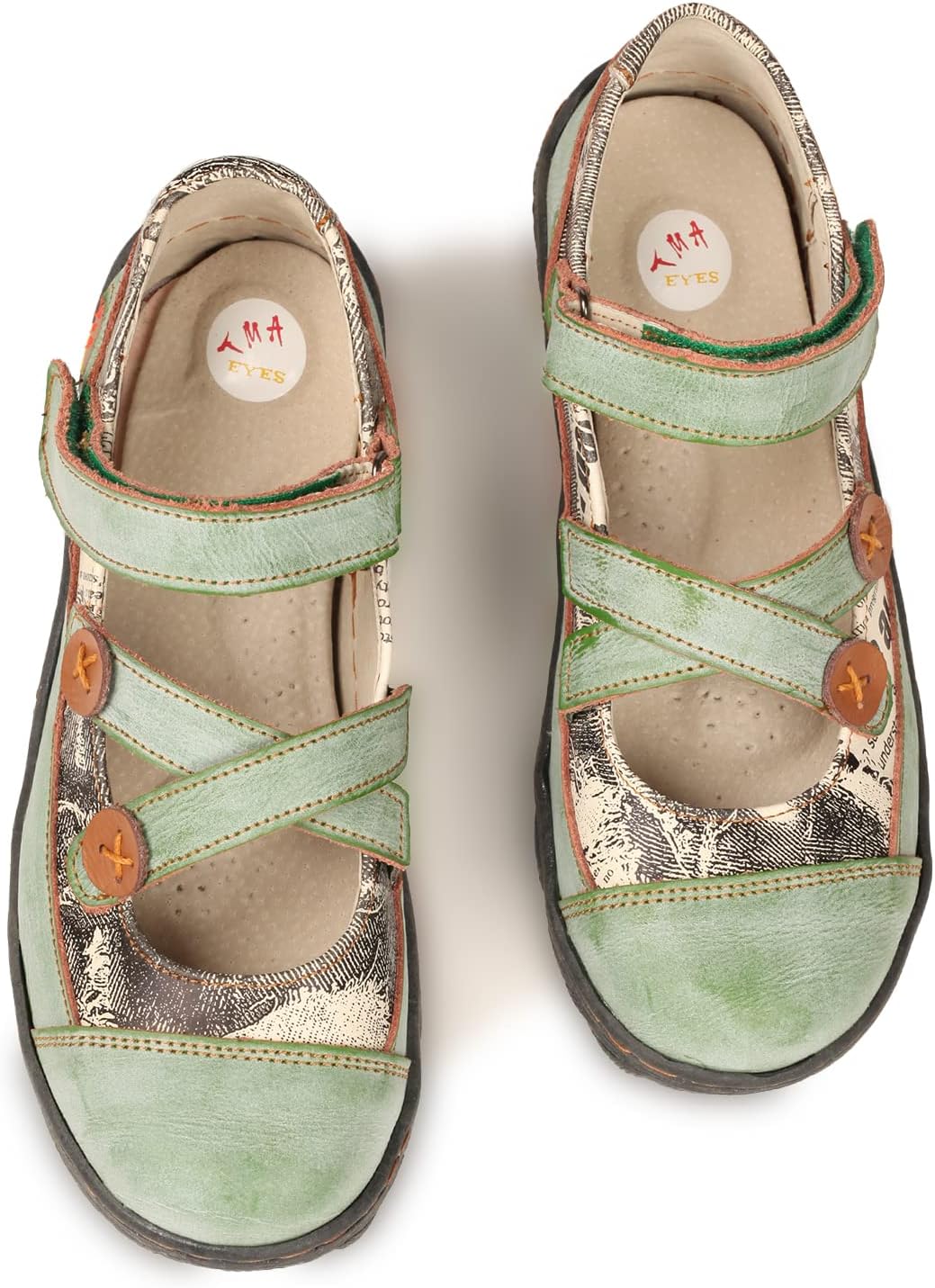 TMA EYES Button Criss Cross Strap Leather Women Flat Shoes