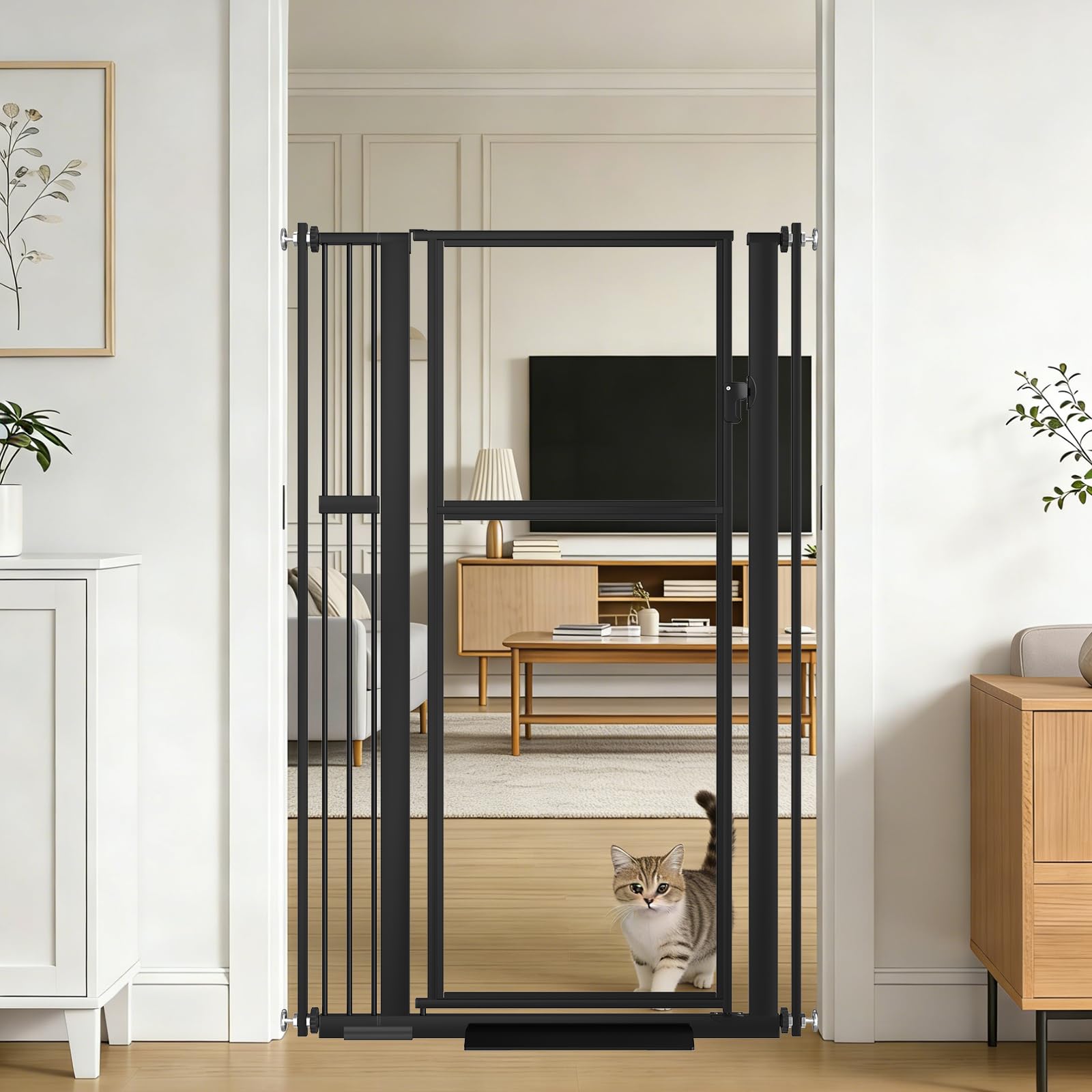 Xifamniy Kratka ochronna na drzwi, bardzo wysoka, szerokość 75-95 cm, kratka ochronna dla kotów, bez wiercenia, przezroczysty materiał PC, podwójny system zamykania, automatyczne zamykanie, czarna