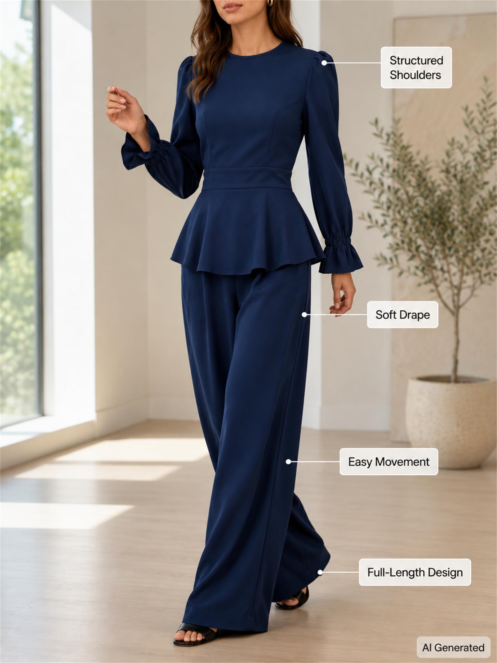 2-teiliges Outfit für Damen, langes Oberteil mit Puffärmeln und weites Bein