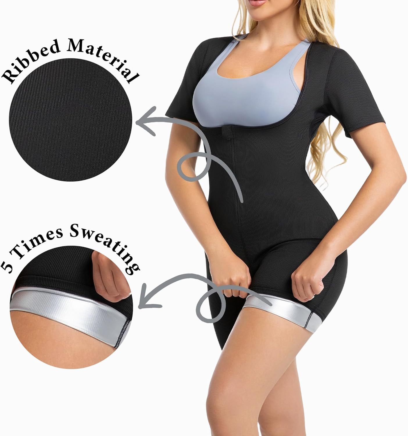 Sauna Suit for Women Ribbed Full Body Sweat Shirts Weight Loss Waist Trainer Slim Shaper Belly Fat Workout Jumpsuit