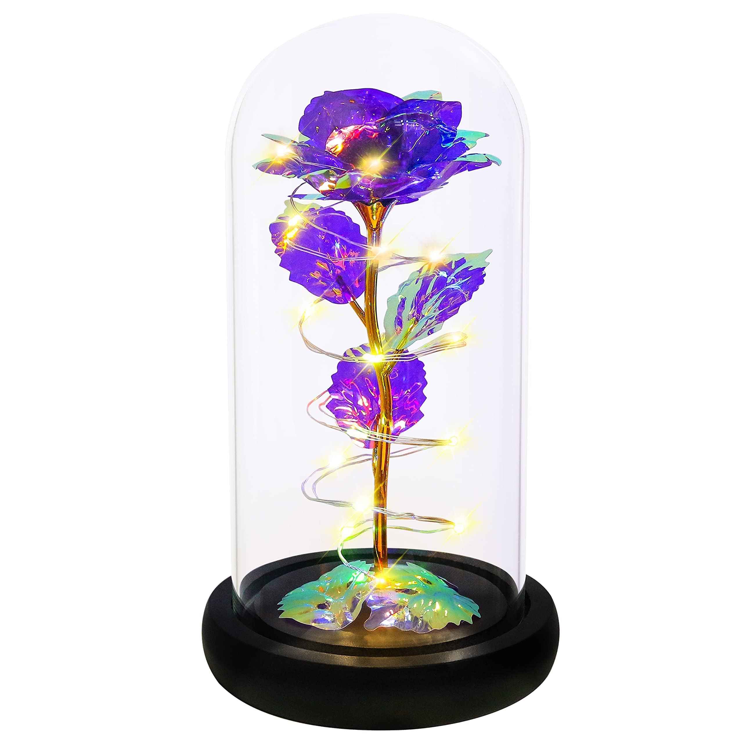 Childom Birthday Gifts for Women,Christmas rose Gifts For Women Her Mum,Colorful Purple Light Up Rose In Glass Dome, for Teacher,Wedding,Engagement,Anniversary,Graduation,Thank You