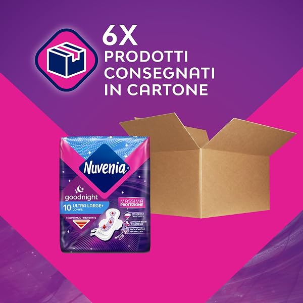 NUVENIA Ultra Notte Ali 60 Assorbenti, 6 Confezioni da 10 Assorbenti, Maxi Scorta per Comfort e Protezione, Flussi molto Abbondanti - 2