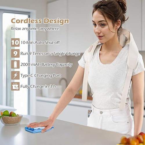 Miniatura 9 de COSTWAY Masajeador de cuello y hombros, máquina shiatsu de tejido profundo 4D con 2 niveles de calor para aliviar el dolor, almohada de masaje