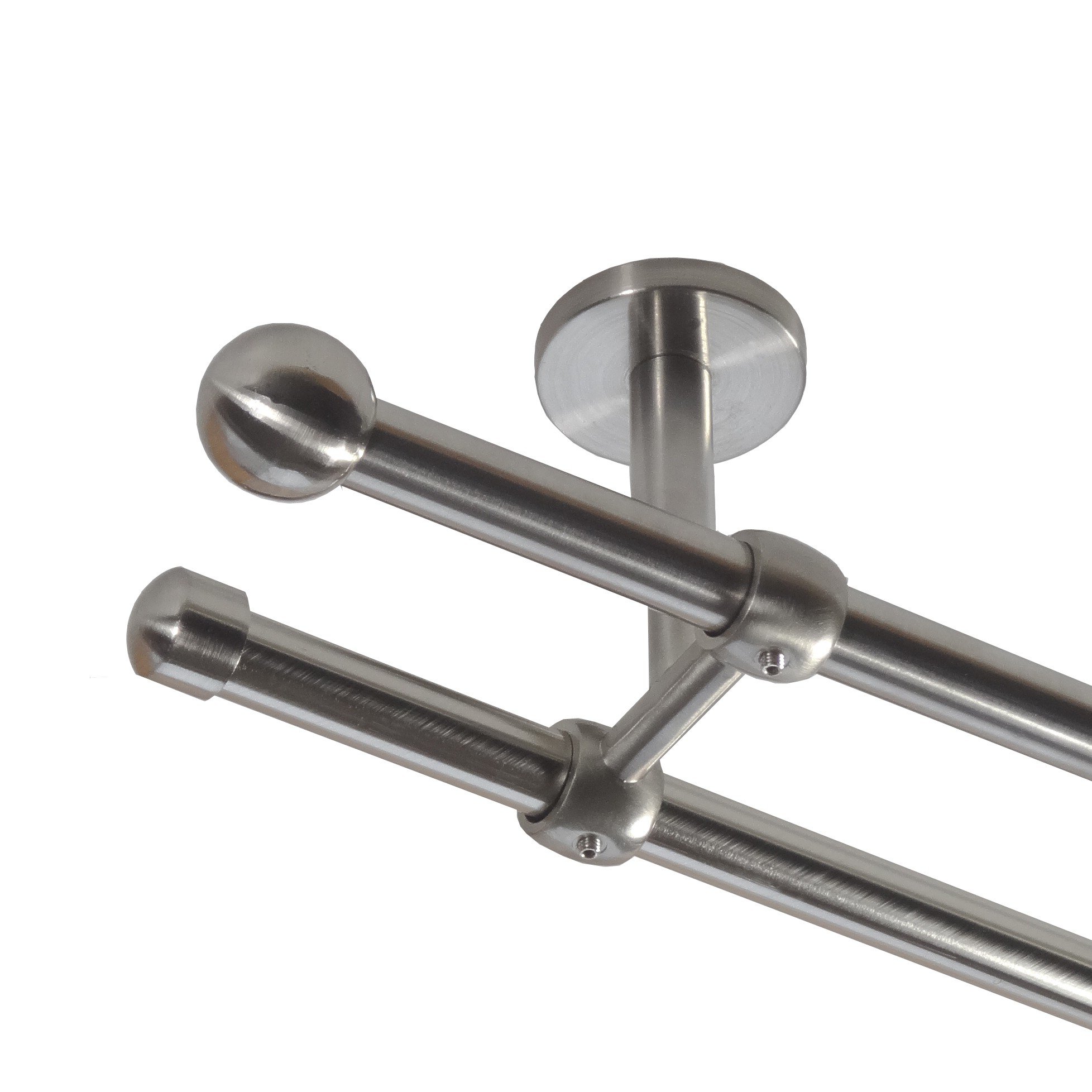 BASIT Gardinenstange Edelstahllook 16mm 2-läufig Decke 360cm lang D21 | Gardinenstangenset doppelläufig Deckenmontage Metall Vorhangstange Deckenhalterung 120-600cm wählbar Kappe Kugel E22