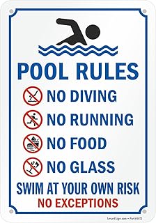 SmartSign 'Pool Rules No Diving No Running No Food No Glass Swim At Your Own Risk' Sign - 10" x 7", 40 mil Laminated Rust-free Aluminum - Red/Blue on White Metal Sign for Swimming Pools, Made in USA