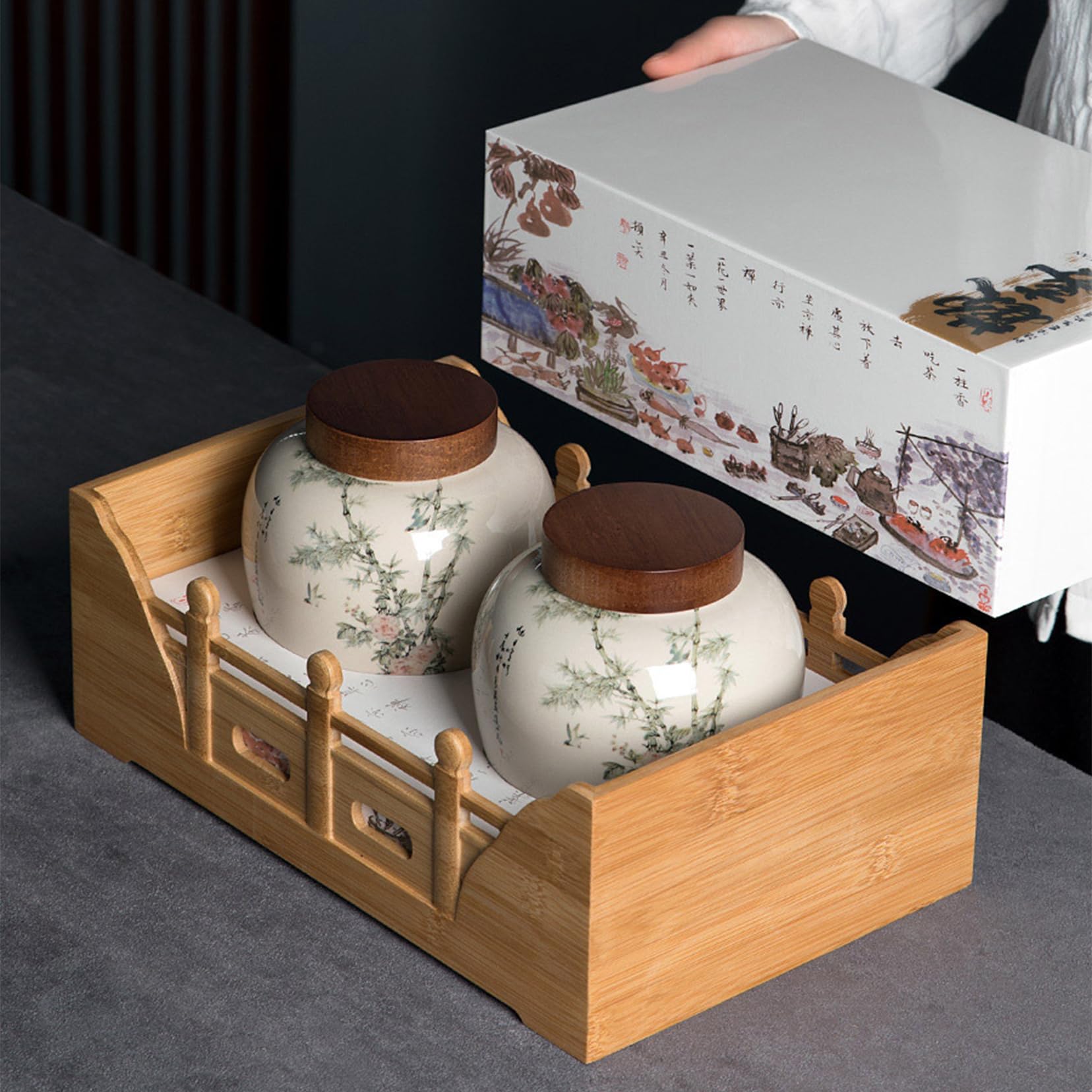 ZALTAS Ceramiczny słoik do przechowywania żywności – kanister na żywność z hermetyczną uszczelką, bambusową pokrywką i drewnianym pudełkiem na prezent, luźna herbata, kawa, orzechy przyprawy