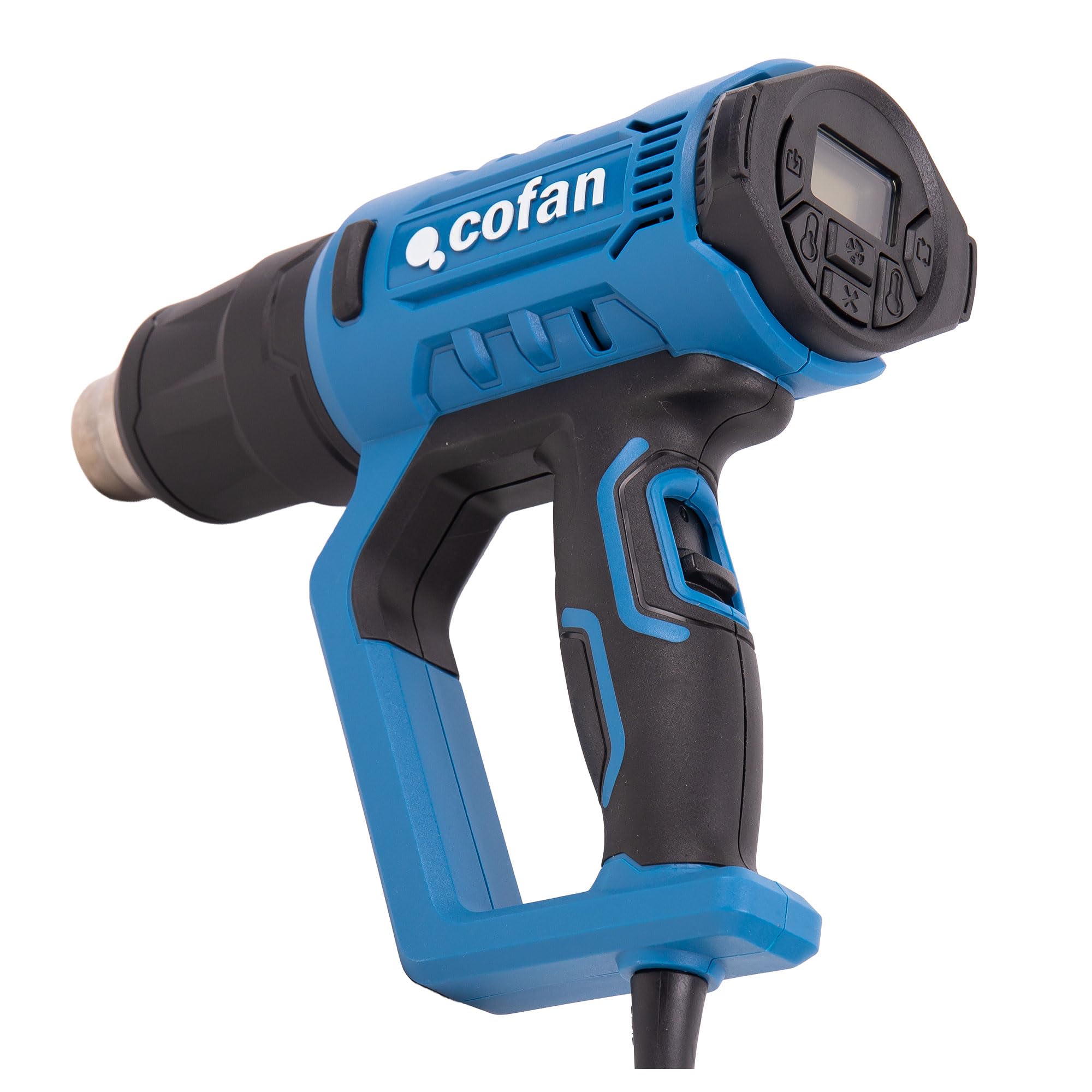 Cofan Pistola de aire caliente 2000 W | LCD digital display |Temperatura regulable 50° hasta 650° | 5 accesorios para decapar, deformar tubos, encoger PVC