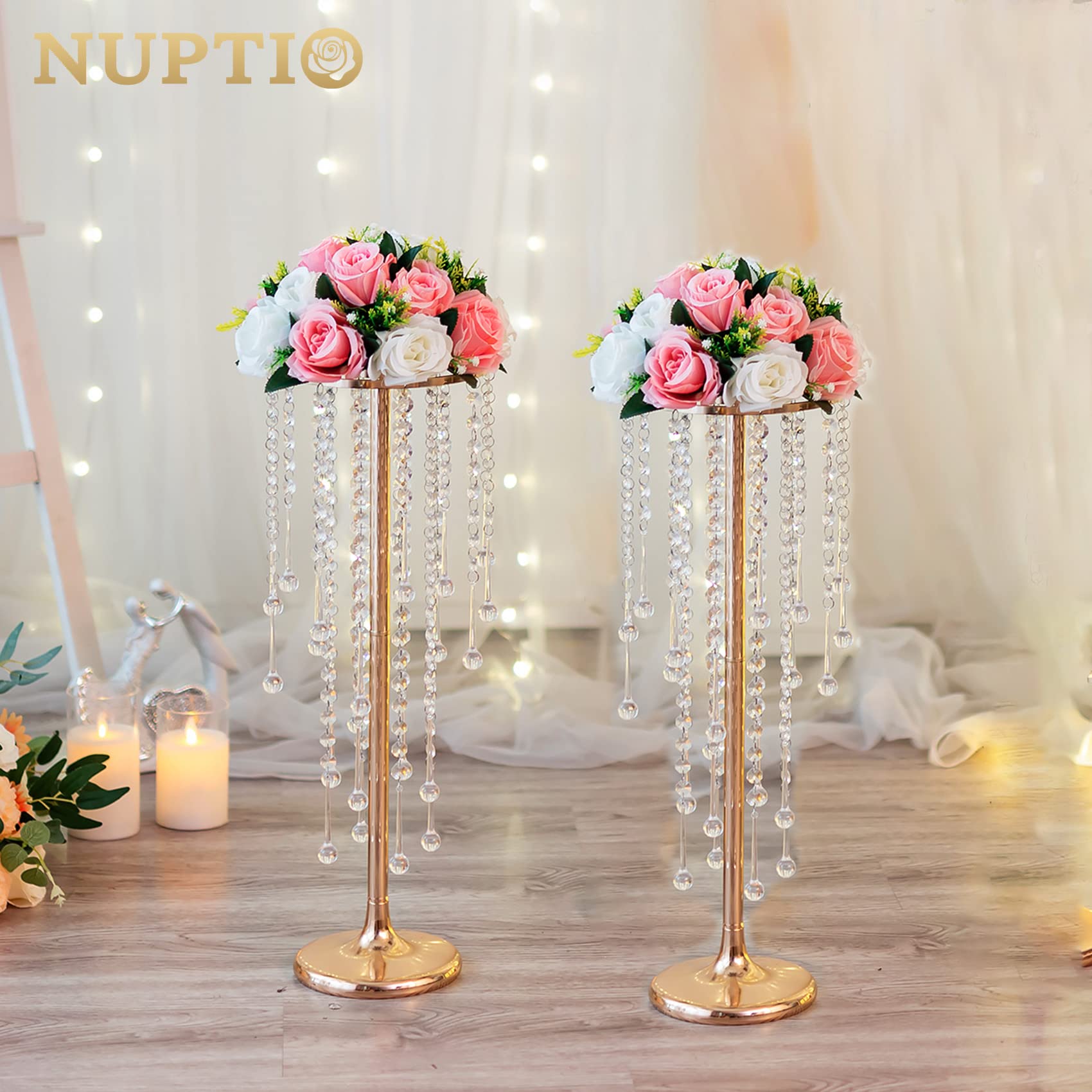 NUPTIO Centrotavola Matrimonio Vaso Oro: 10 Pezzi 55cm Alti Vasi Cristallo Fiori Metallo Stand per Decorazioni Tavoli Festa - Elegante Sfuso Matrimoni Anniversario Lampadario Centrotavola Stand