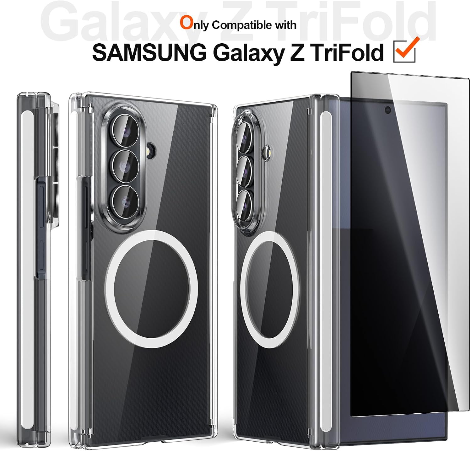 Clear Case for Samsung Galaxy Z Trifold, Magnetic Phone Case with Privacy Screen Protector, Lightweight Ultra-Thin Dual-Central-Axis Hinge Protector Cover Anti-Yellowing Anti-Slip for Men Women image 2