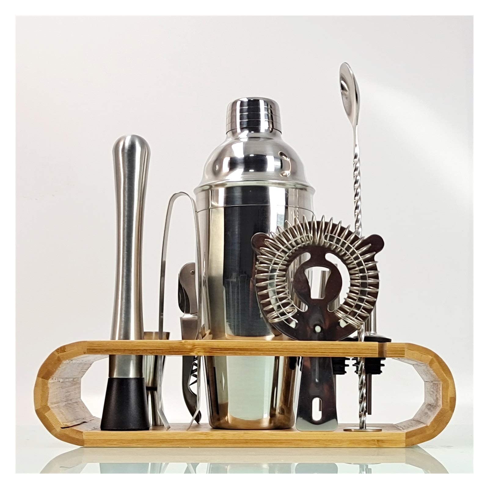 Cocktail Shaker Cocktail Shaker Set 12 pièces Cocktail Shaker Set Acier Inoxydable Barman Kit Mélangeur Boisson Bar Outil Accessoires Ovale Bambou Stand (Couleur : 550Ml) (350ml)
