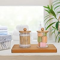 Vista 5 de OTOSTAR Juego de 4 dispensadores de soporte Qtip con tapas de bambú, accesorios de recipiente de plástico transparente, recipientes de boticario