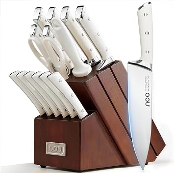 Knife Set, 15 Pcs German High Carbon Stainless Steel Kitchen Knife Set, Knife Sets with Block and Sharpener,Enduring Razor-Sharp FSC Wooden Knives Block Set for Kitchen,Brown